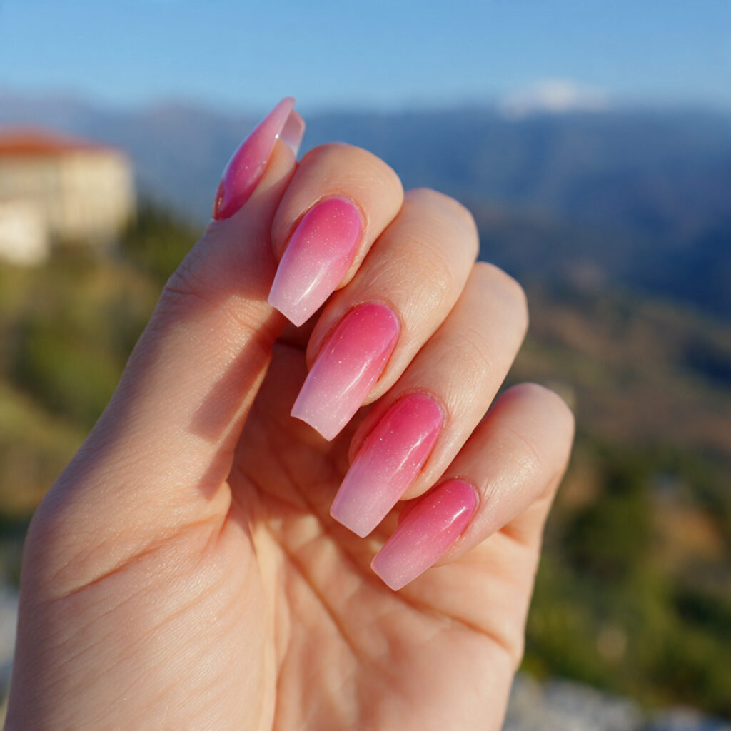 Nail Inspo Ballerina: Elegant, Feminine & Soft Glam Designs 3 attractive pink ombre ballerina nails with outdoor