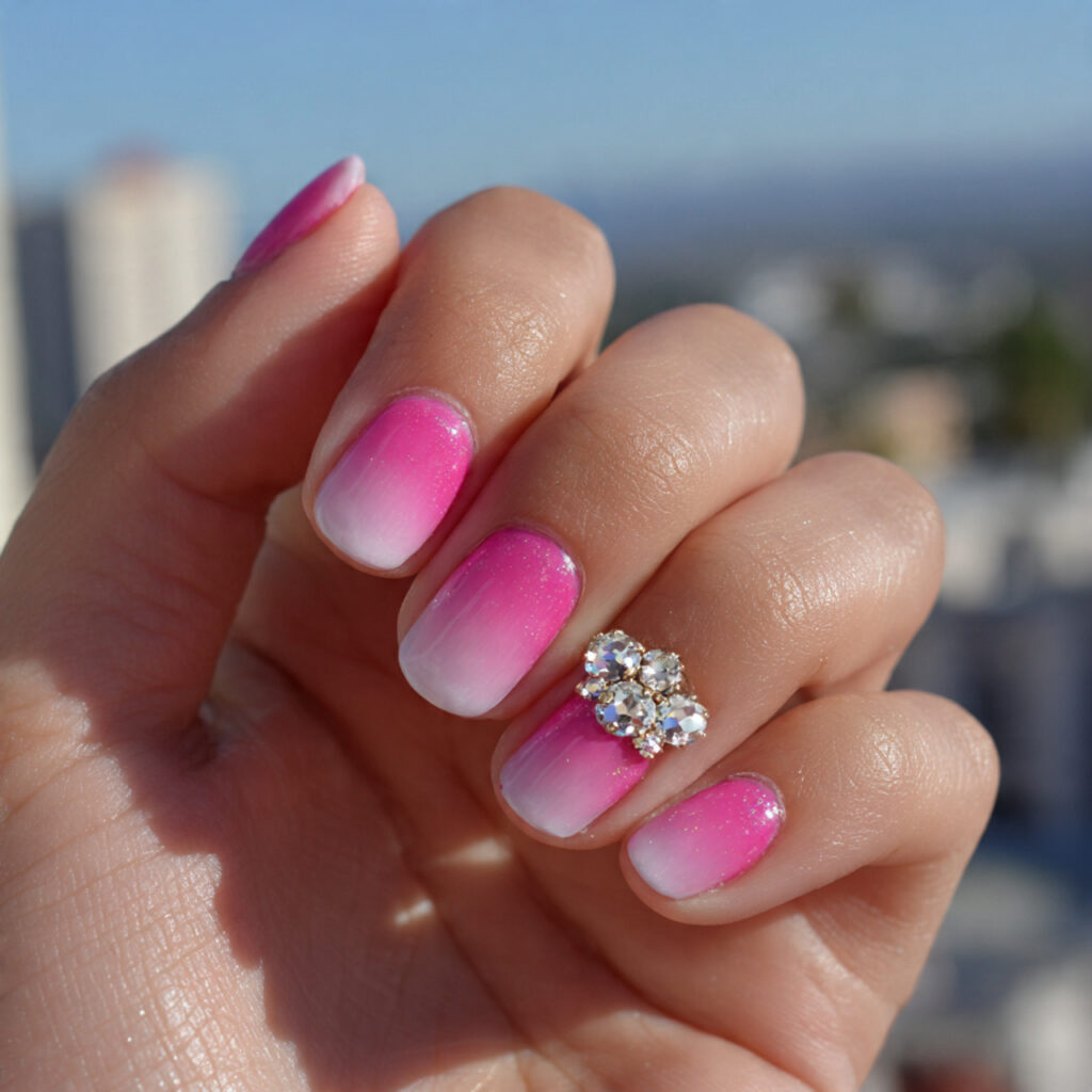 attractive pink ombre short nails with charm accen
