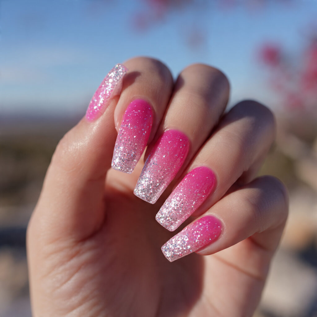 Pink and Silver Nails: Soft Glam Meets Sparkle 11 attractive pink ombre with silver glitter fade nai