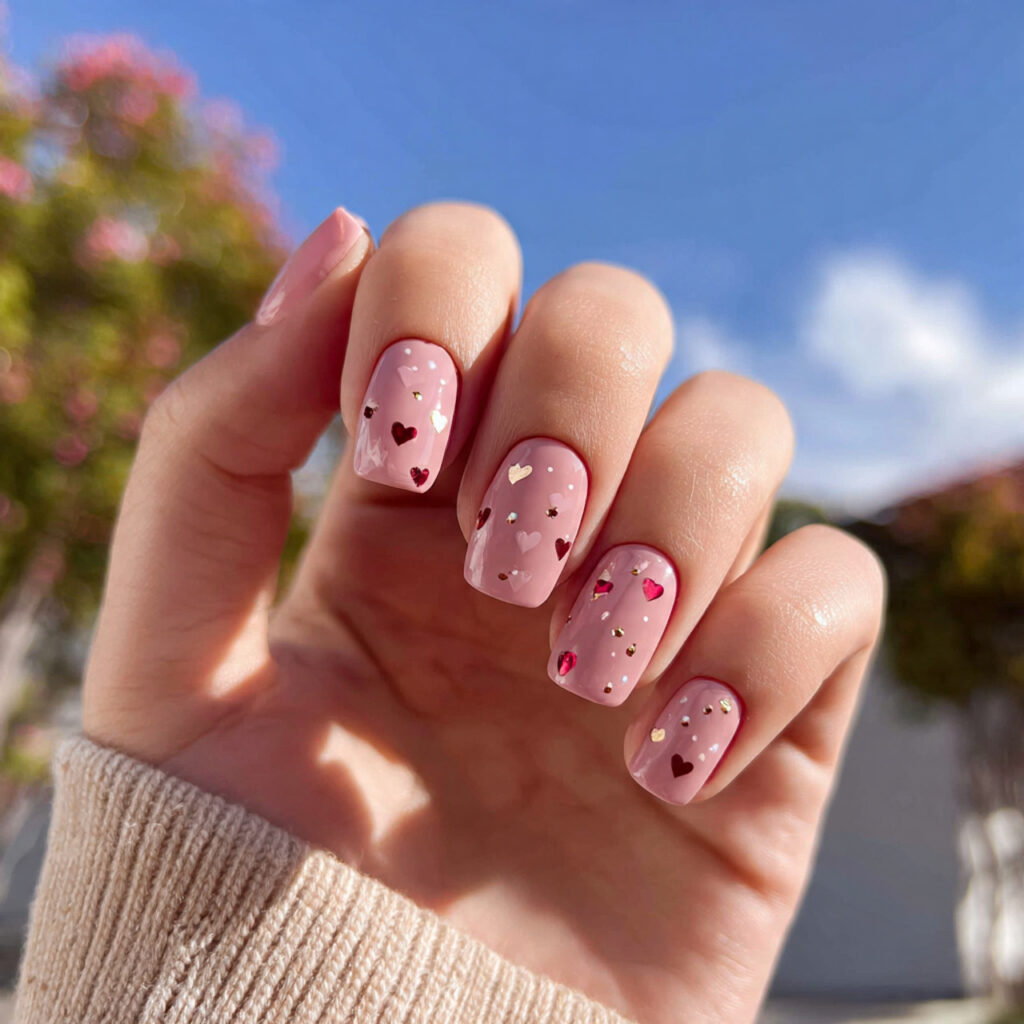 attractive pink short square nails with tiny heart
