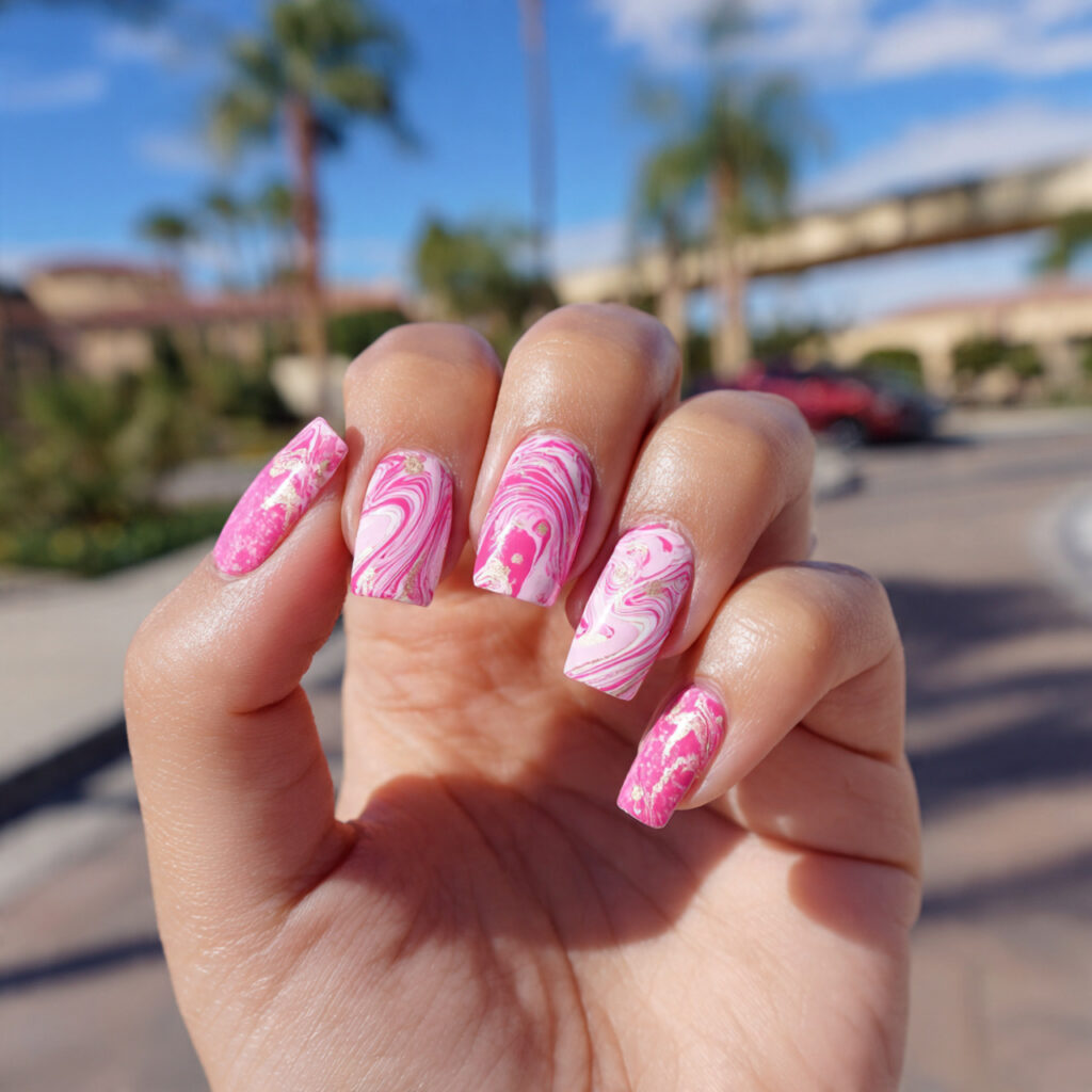 Nails Inspo Pink: The Dreamiest Looks You’ll Want to Copy 9 attractive pink swirl nail art with outdoor backgr 1