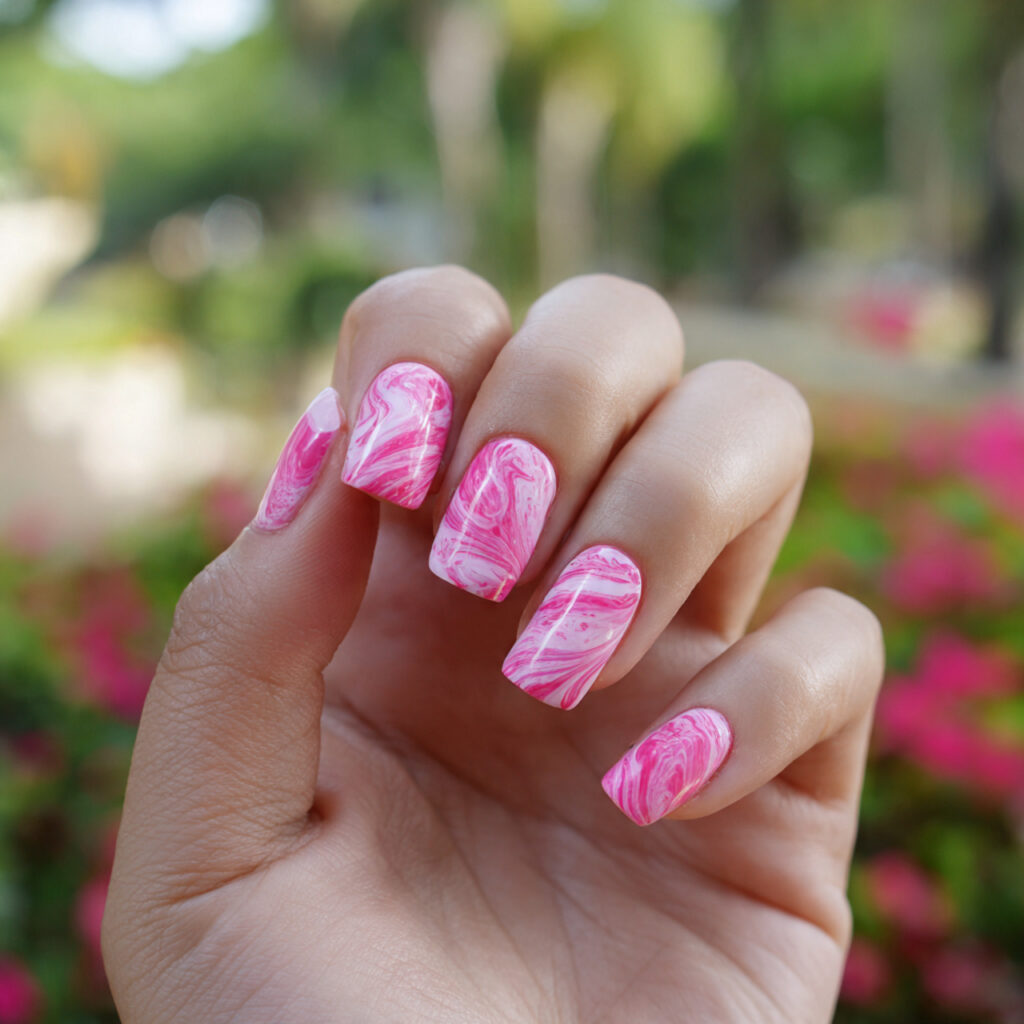 Pink Spring Nails: Soft, Fresh Designs You’ll Want to Save 9 attractive pink swirl nail art with outdoor backgr