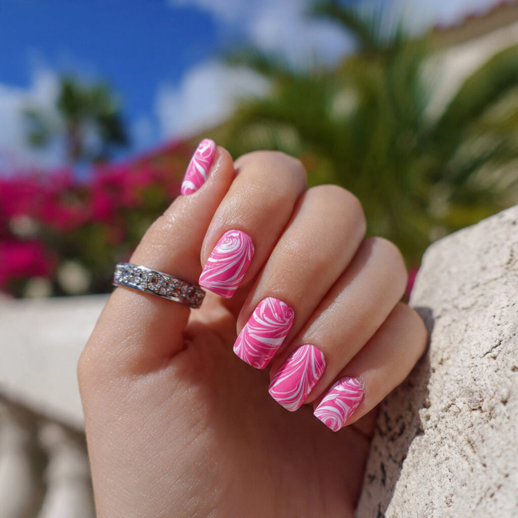 Pink Square Nails: 14 Clean Lines, Soft Energy & Endless Charm 14 attractive pink swirl square nails with outdoor ba