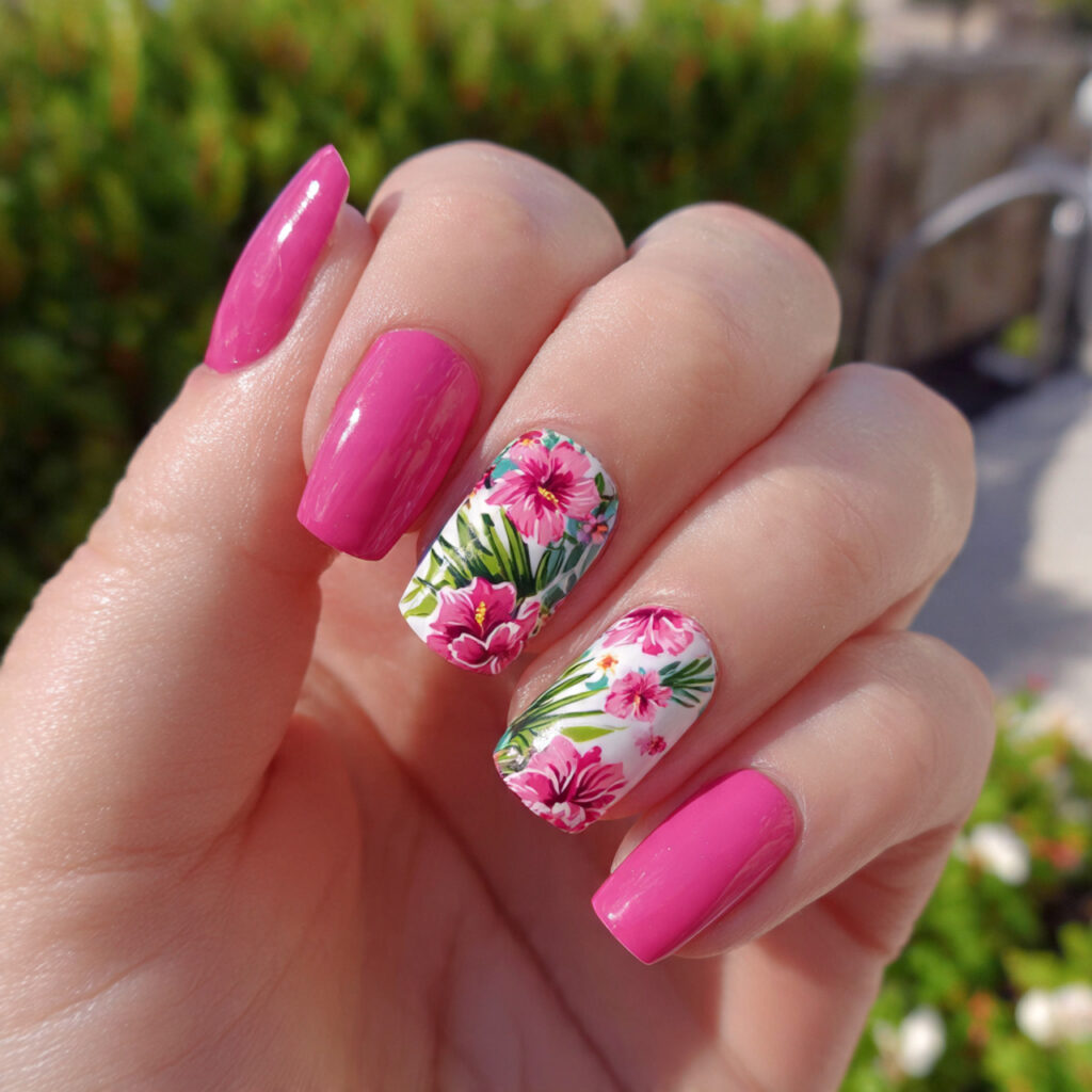 Pink Flower Nails: 14 Dreamy Designs You’ll Want to Save 13 attractive pink tropical flower nails with outdoor