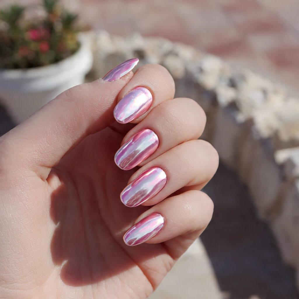 attractive pink white chrome nails with outdoor ba