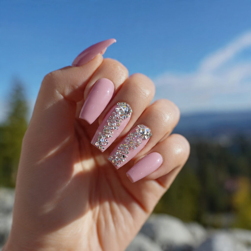 Nail Inspo Ballerina: Elegant, Feminine & Soft Glam Designs 10 attractive pink with rhinestone ballerina nail wit