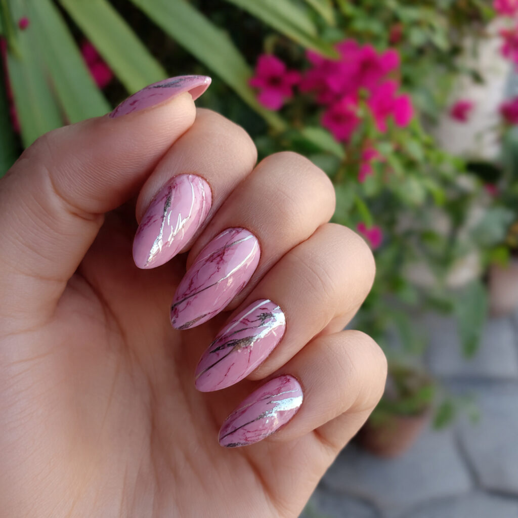 Pink and Silver Nails: Soft Glam Meets Sparkle 3 attractive pink with silver line art nails with ou