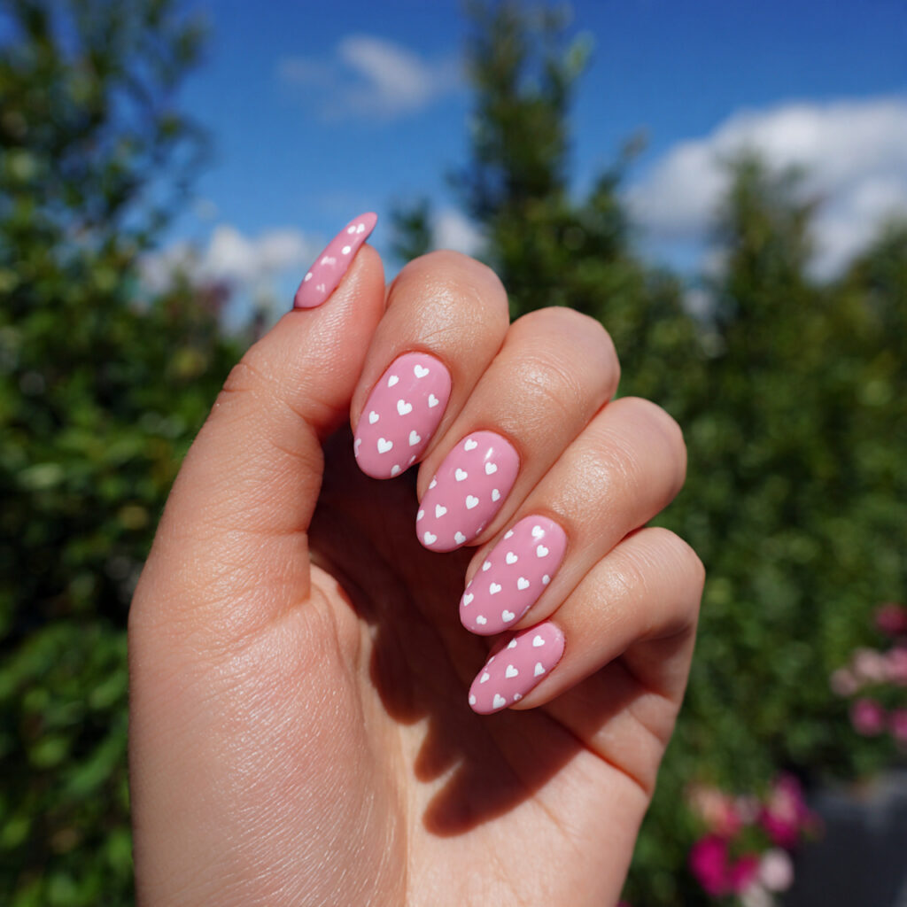 Pink Nude Nails: 12 Soft, Elegant & Effortlessly Addictive 11 attractive pink with tiny hearts nails with outdoo