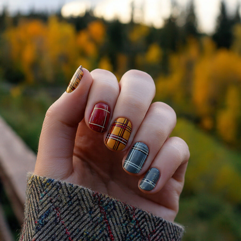 Short Nails Autumn: Cozy, Chic Looks You’ll Fall in Love With 9 attractive plaid autumn short nails with outdoor b