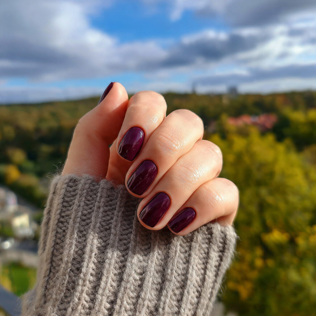 Short Nails Fall: Cozy, Chic & Cute Ideas You’ll Want to Save 10 attractive plum purple short nails with outdoor ba