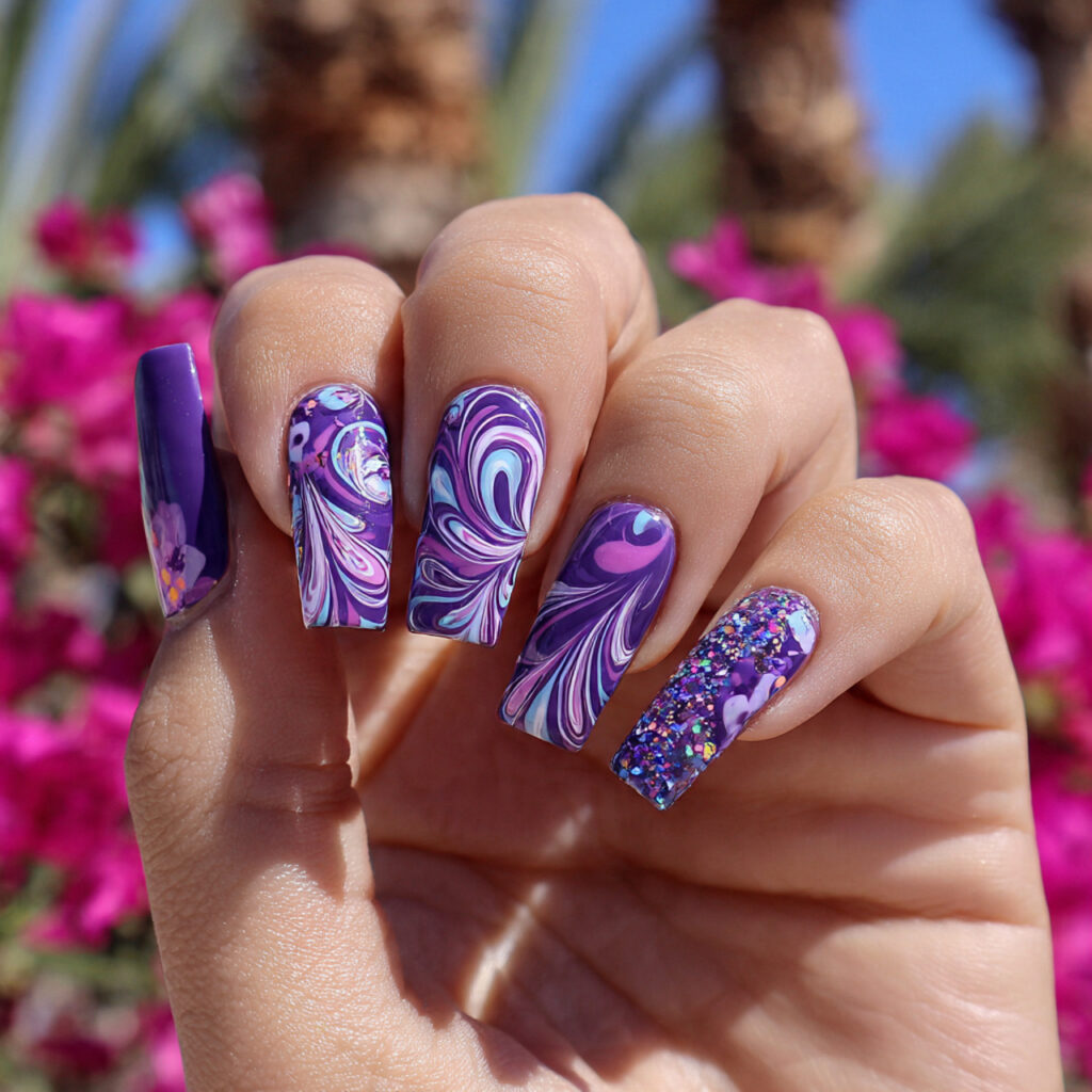 Nail Inspo Purple: 14 Dreamy & Trendy Designs You’ll Love 5 attractive purple abstract nails with outdoor back