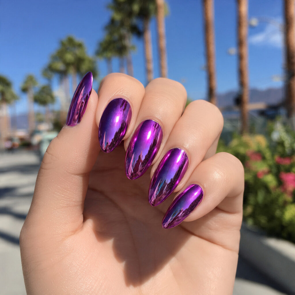 Nail Inspo Purple: 14 Dreamy & Trendy Designs You’ll Love 6 attractive purple chrome nails with outdoor backgr