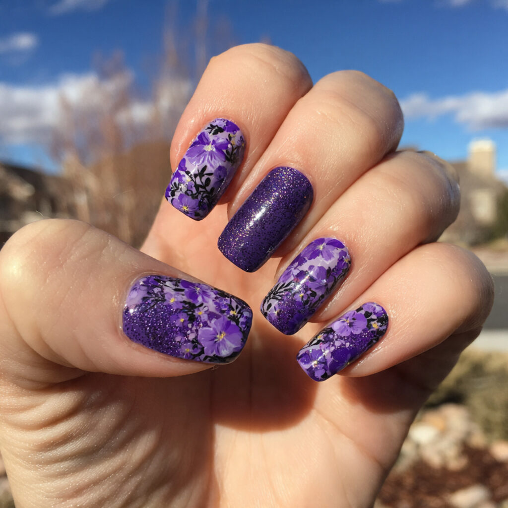 Nail Inspo Purple: 14 Dreamy & Trendy Designs You’ll Love 9 attractive purple floral nails with outdoor backgr 1