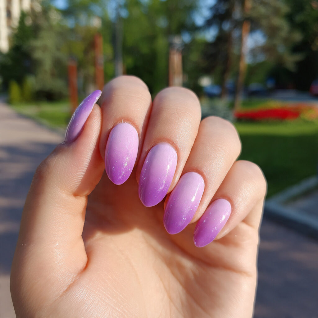 Nail Inspo Purple: 14 Dreamy & Trendy Designs You’ll Love 8 attractive purple ombre nails with outdoor backgro
