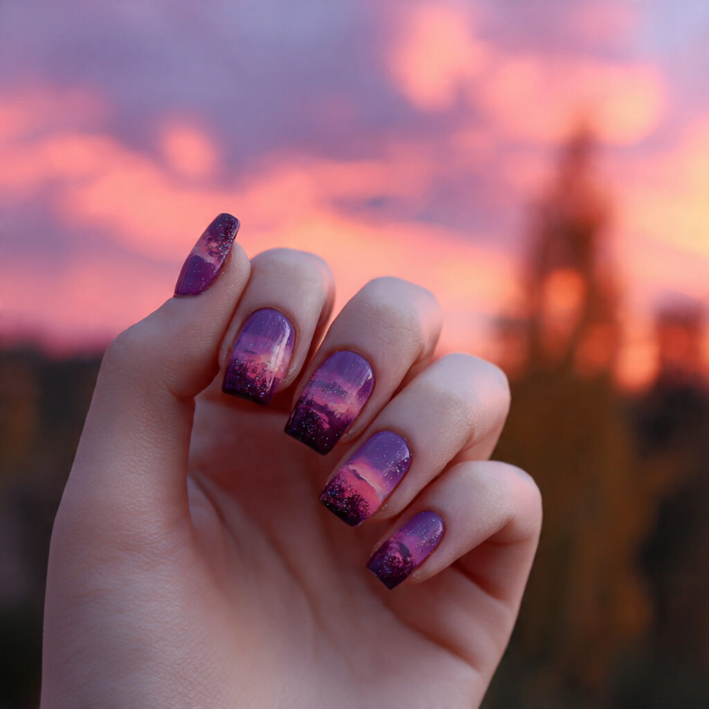 Nail Inspo Purple: 14 Dreamy & Trendy Designs You’ll Love 11 attractive purple sunset nails with outdoor backgr