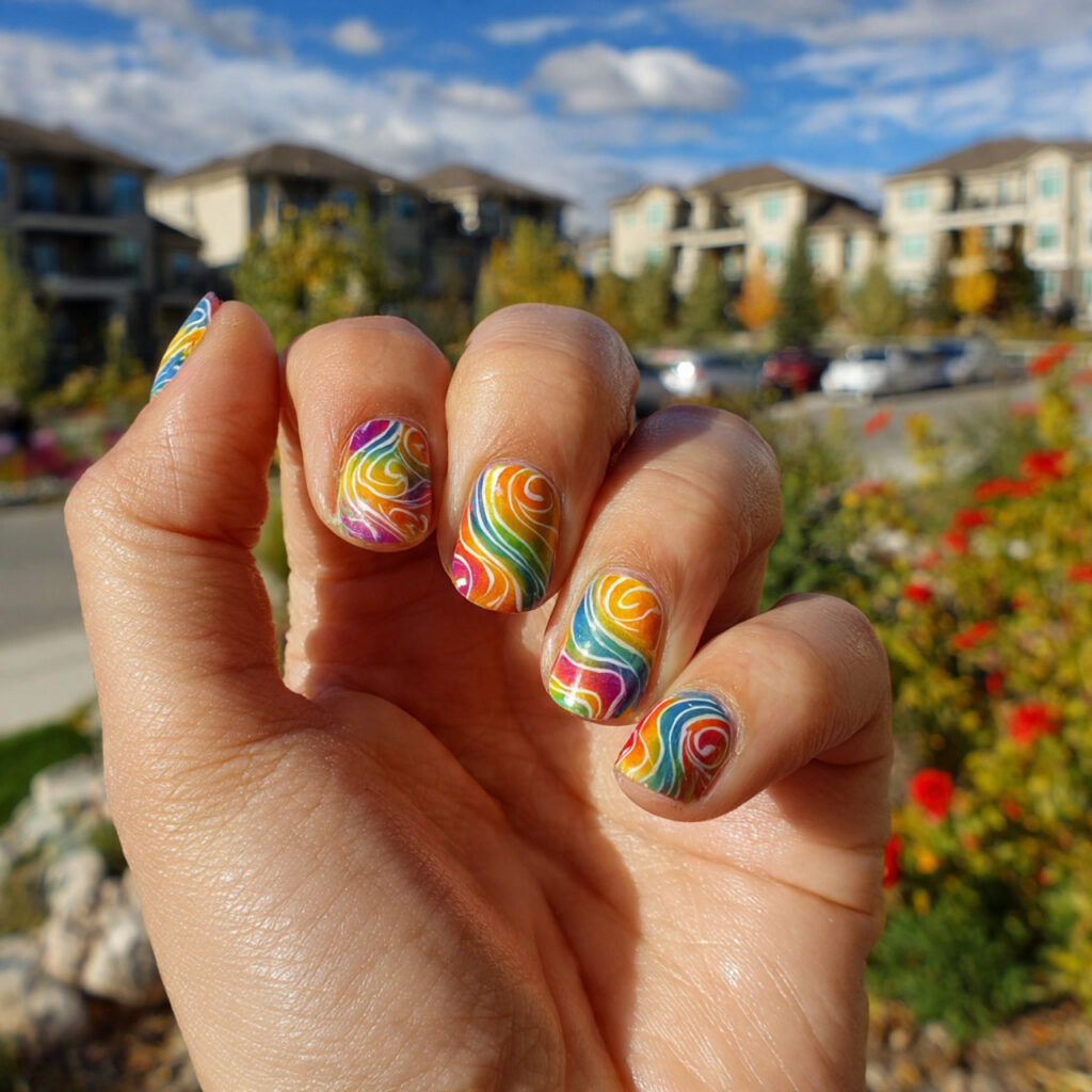 attractive rainbow swirl short nails with outdoor