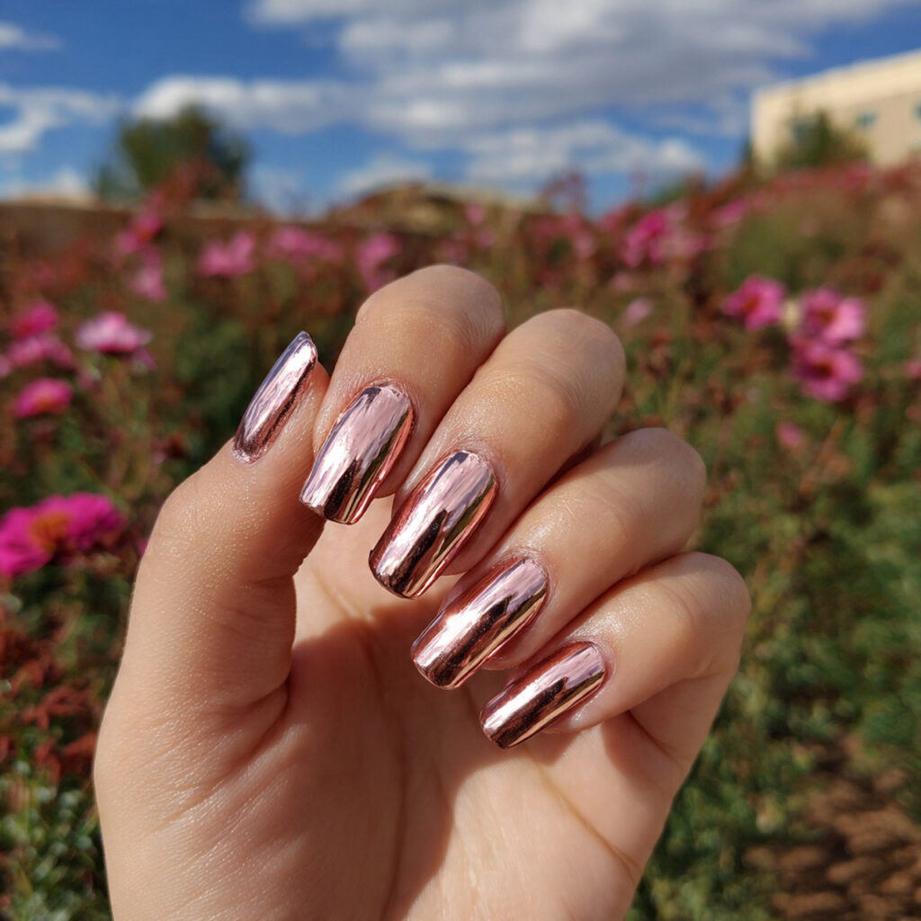 Nail Inspo Chrome: Glossy, Glazed & Next-Level Aesthetic Looks 5 attractive rose gold chrome nails with outdoor bac