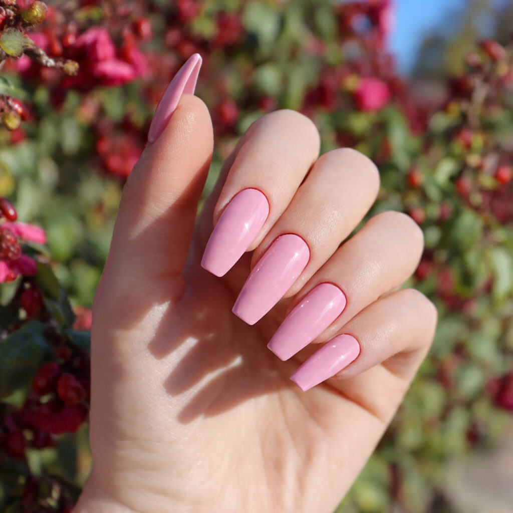 Pink Coffin Nails: 14 Dreamy & Trendy Designs You’ll Love 10 attractive rose pink coffin nails with outdoor bac