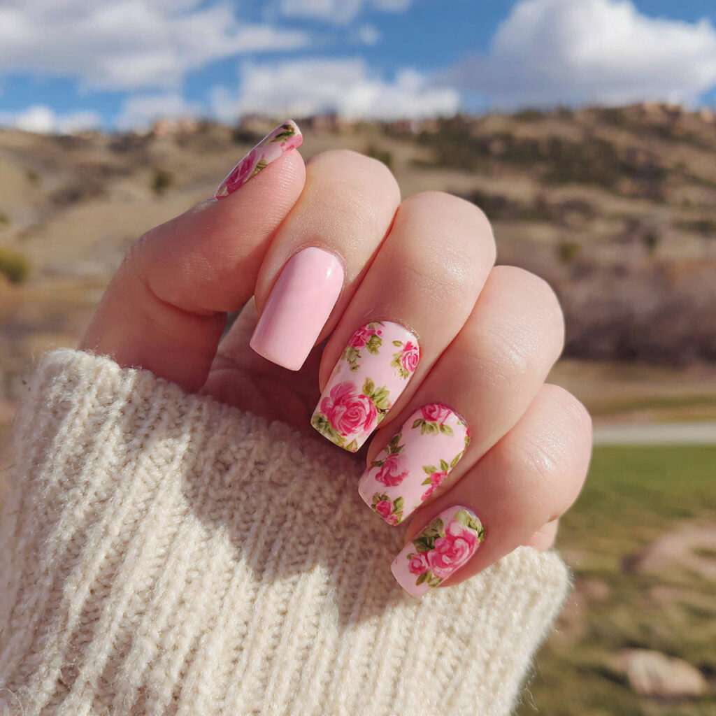 Pink Flower Nails: 14 Dreamy Designs You’ll Want to Save 12 attractive rose pink floral nails with outdoor bac