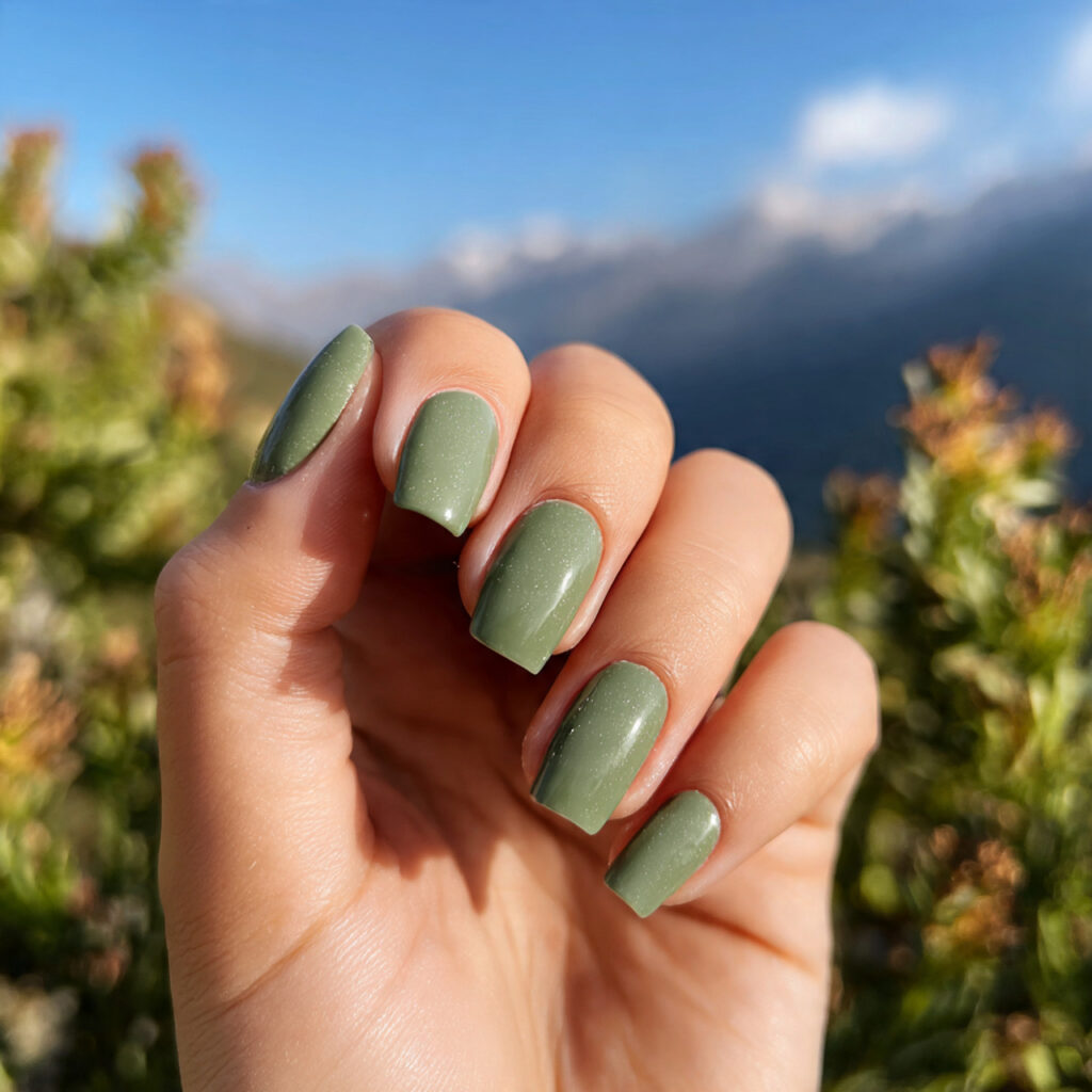 Short Nails Color: Cute, Glossy & Effortlessly Aesthetic Shades 3 attractive sage green short nails with outdoor bac 1