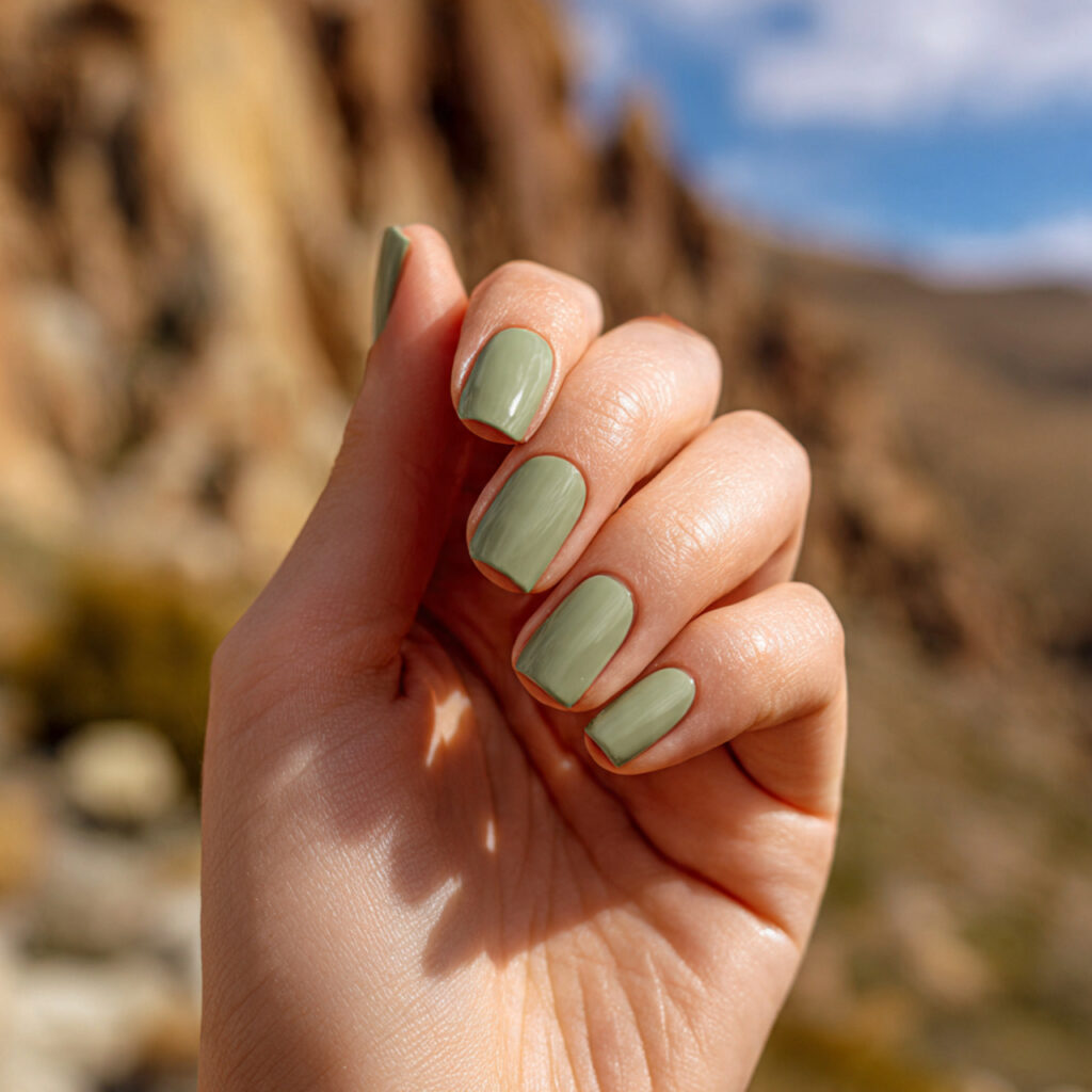 Short Nails Inspo Aesthetic: Cute, Clean & Effortlessly Pretty Ideas 10 attractive sage green short nails with outdoor bac