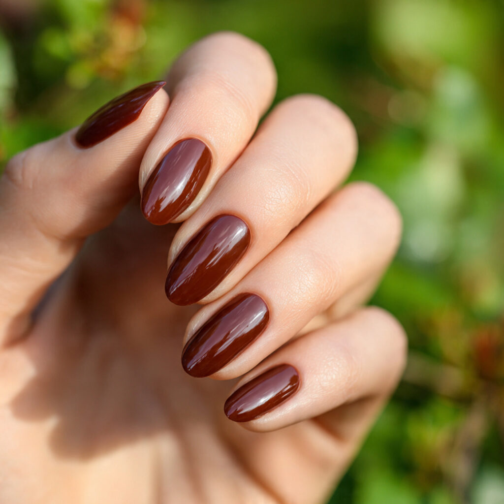 Brown Short Nails: Cozy, Chic Looks You’ll Want on Repeat 2 attractive sheer cocoa brown nails with outdoor ba