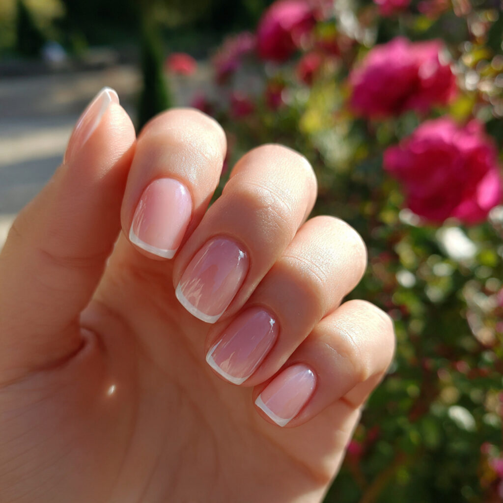 Extra Short Nails: Minimal, Cute & Effortlessly Chic 2 attractive sheer gloss short nails with outdoor ba