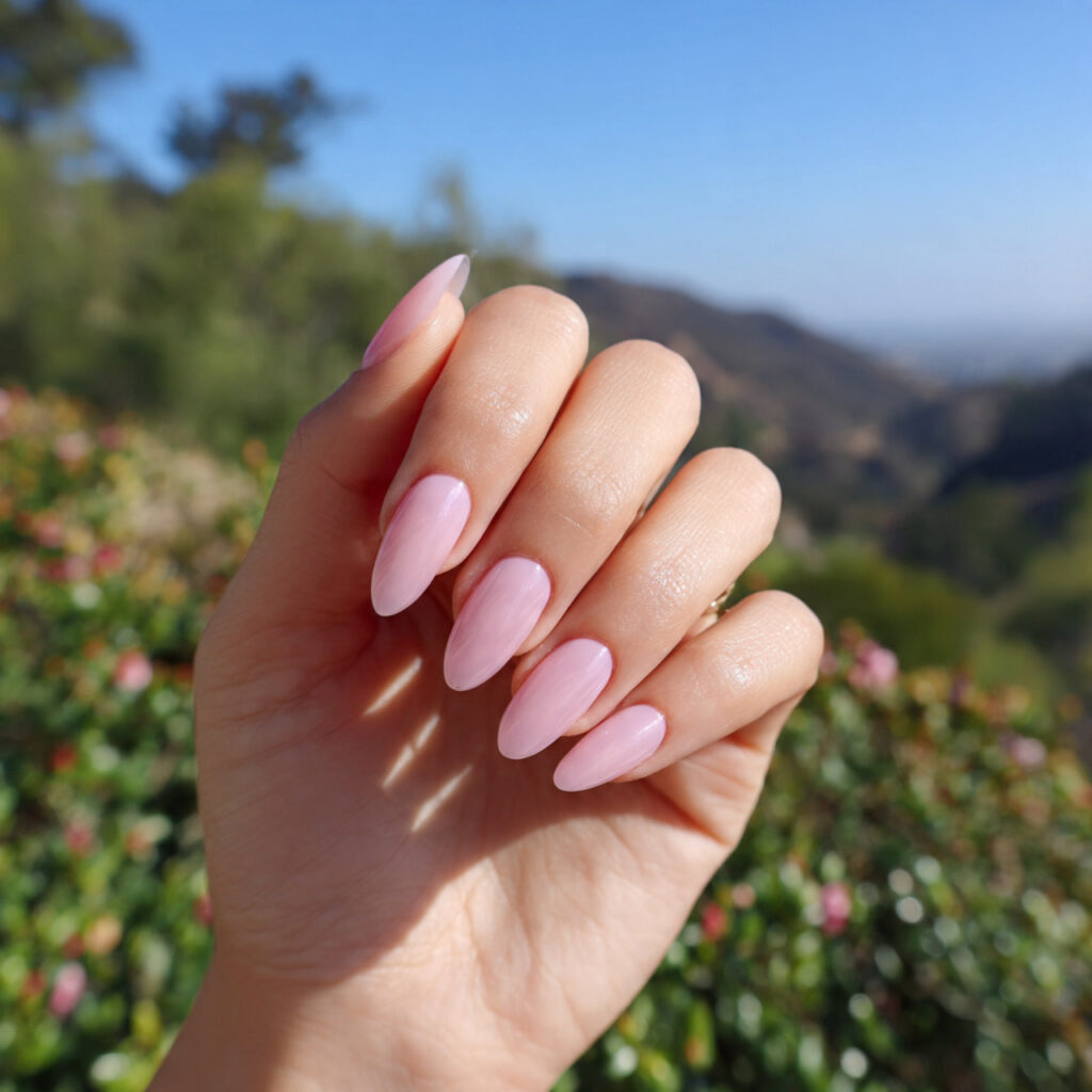 attractive sheer pink almond nails with outdoor ba 1