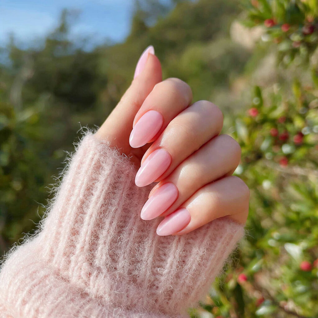 attractive sheer pink almond nails with outdoor ba