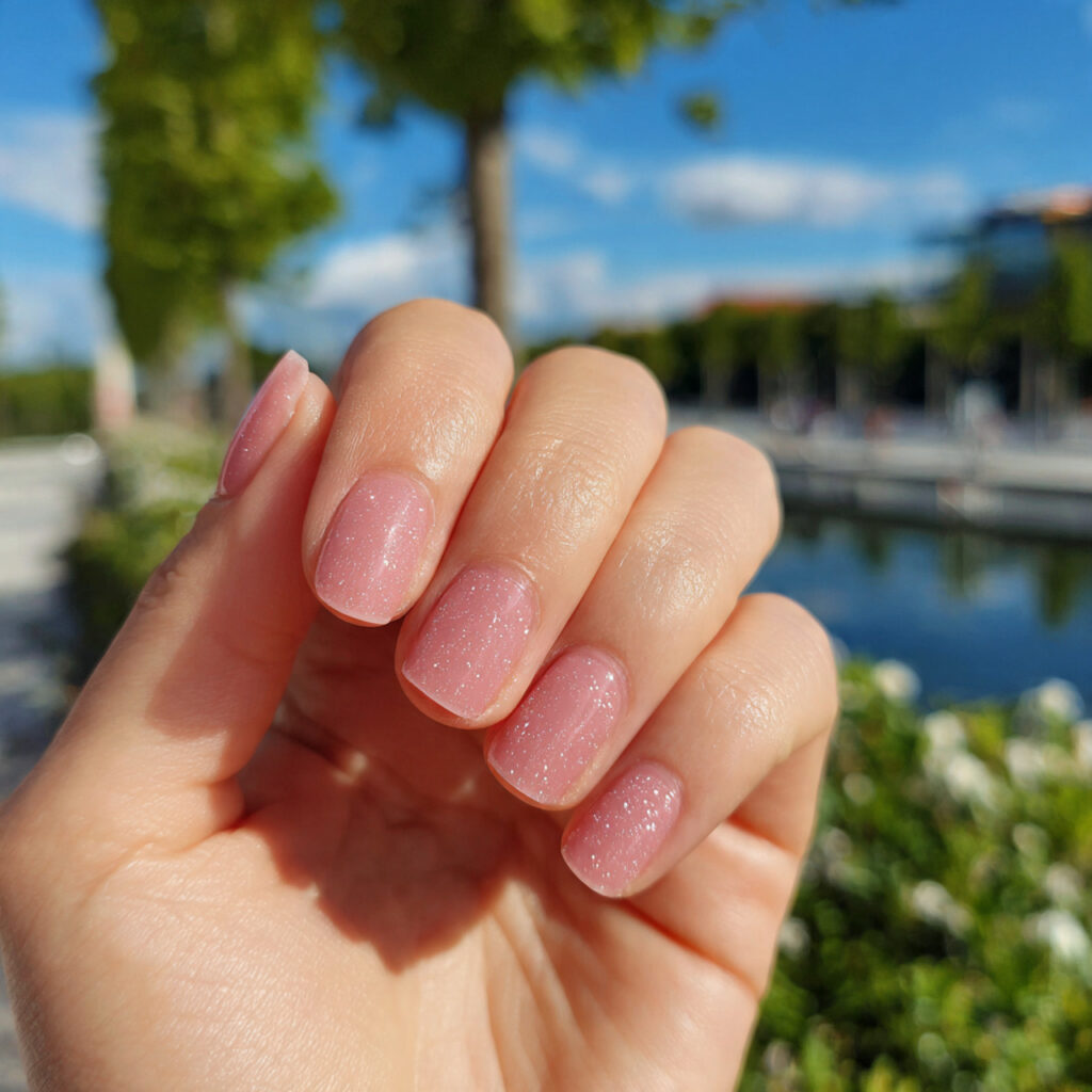 attractive sheer pink gloss nails with outdoor bac