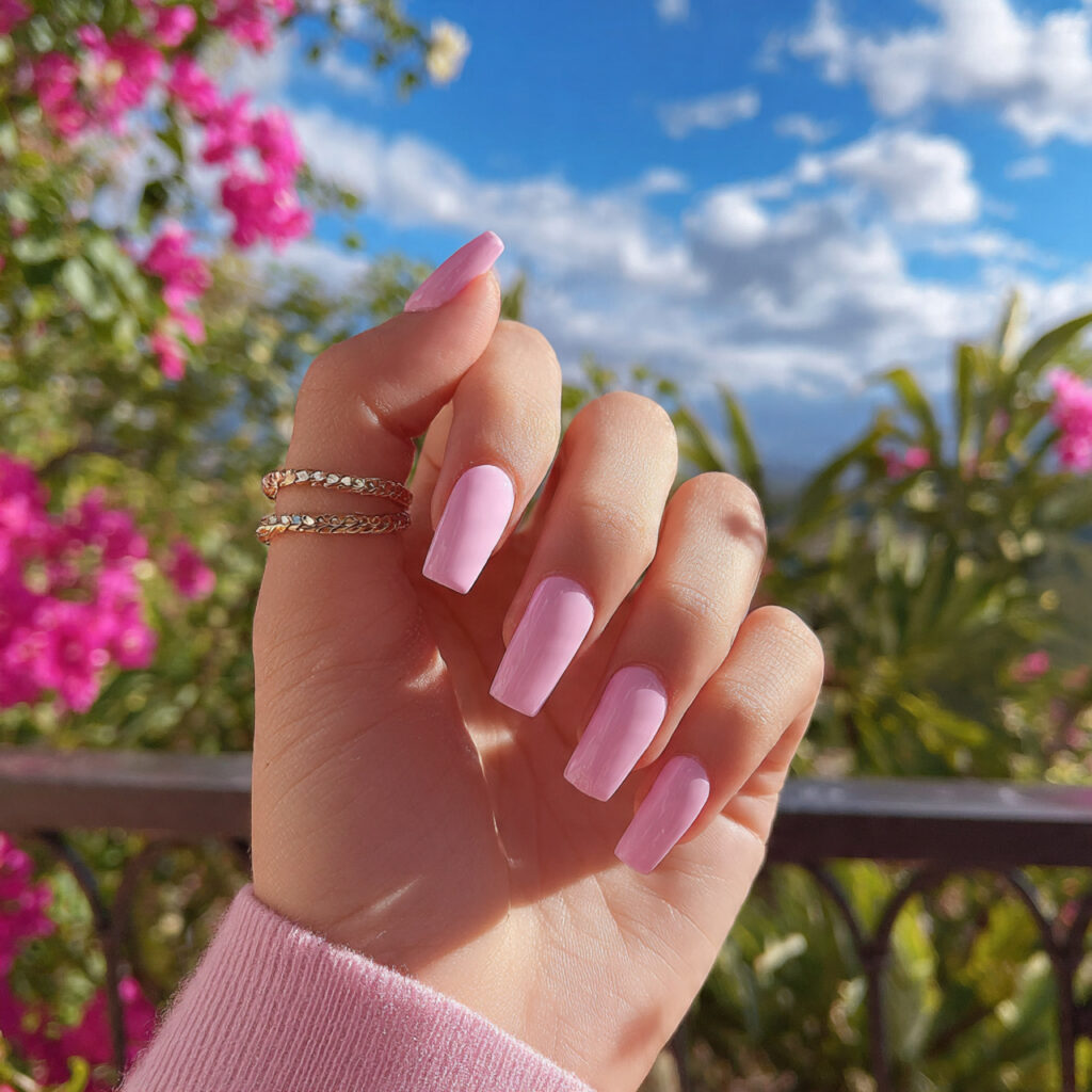 Nail Inspo Solid Color: Simple Shades That Feel So Put-Together 2 attractive sheer pink gloss nails with outdoor bac 4