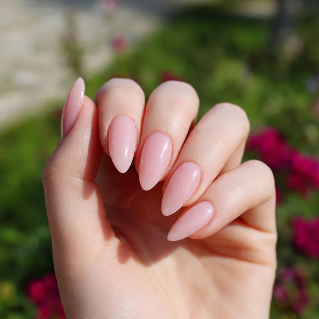 attractive sheer pink gloss pointy short nails wit