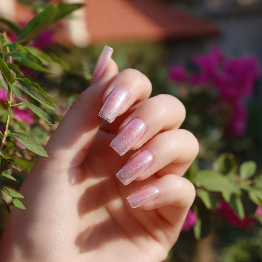 attractive sheer pink gloss square nails with outd 2
