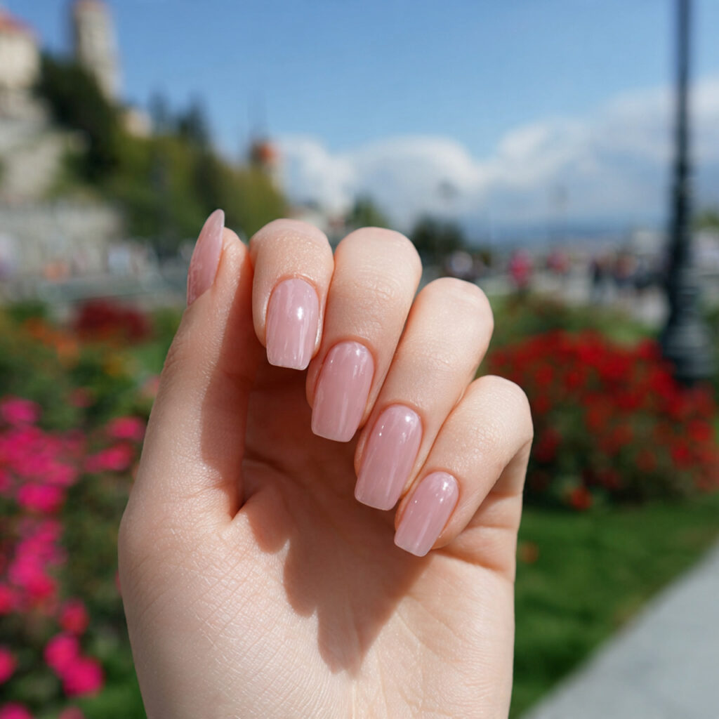 attractive sheer pink glossy nails with outdoor ba