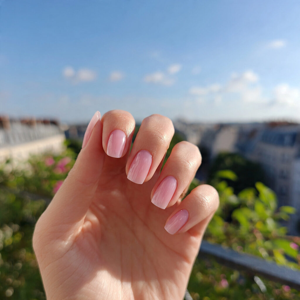 Pale Pink Nails: Soft, Elegant & Effortlessly Beautiful 1 attractive sheer pink natural nails with outdoor b