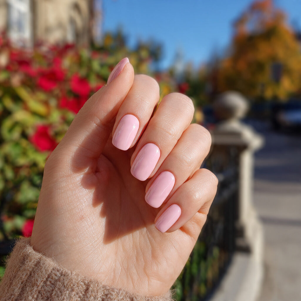 attractive sheer pink squoval nails with outdoor b