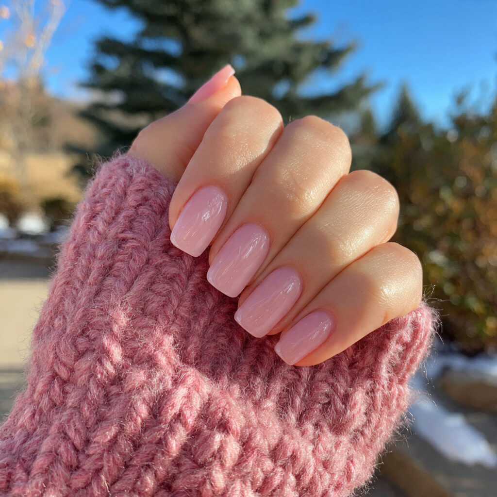 Short Nails Winter: Cozy, Chic & Effortlessly Cute 3 attractive sheer pink winter glow nails with outdo