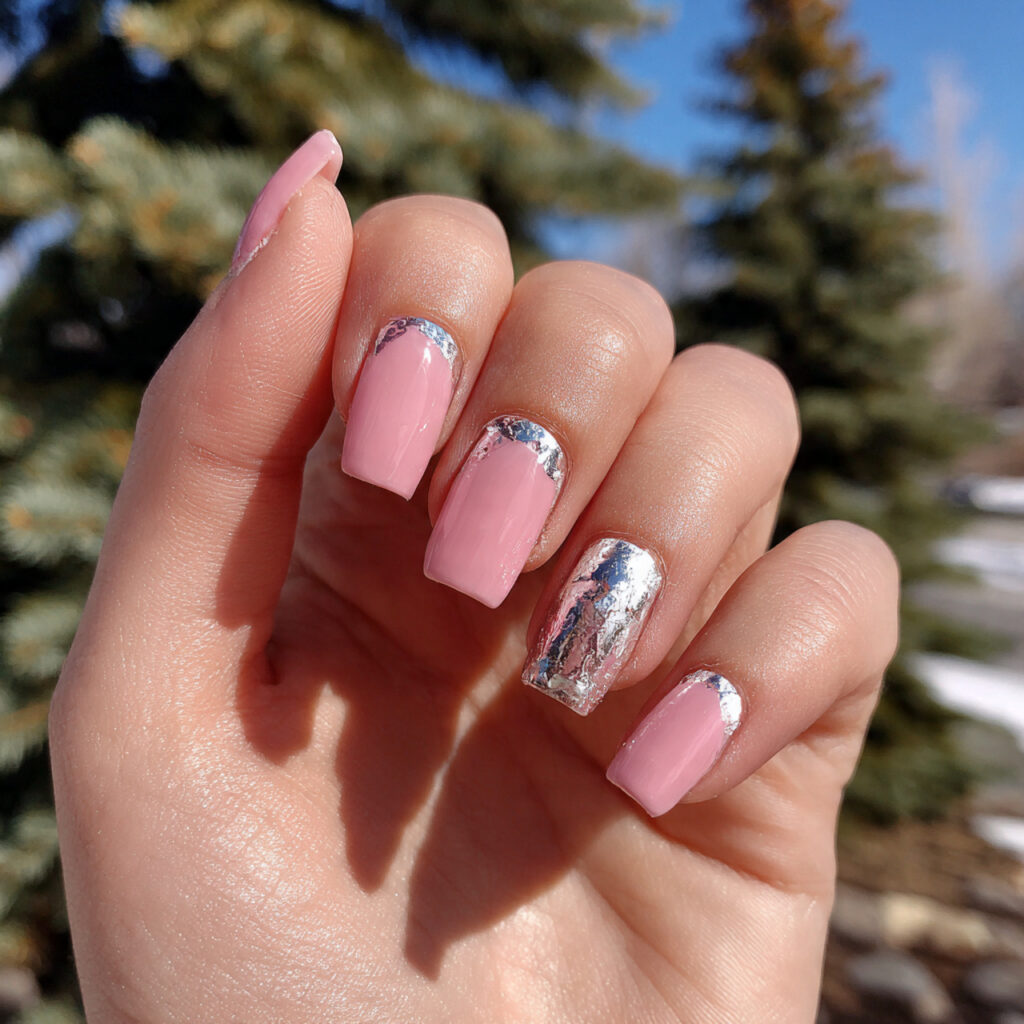 Pink and Silver Nails: Soft Glam Meets Sparkle 2 attractive sheer pink with silver foil accents nai