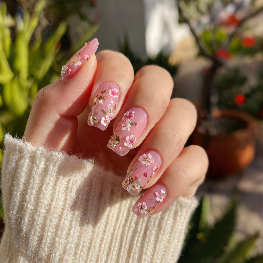 Nail Inspo 3D Flower: Soft Petals, Dreamy Details & Pure Romance 2 attractive sheer pink with tiny 3d blooms nails wi