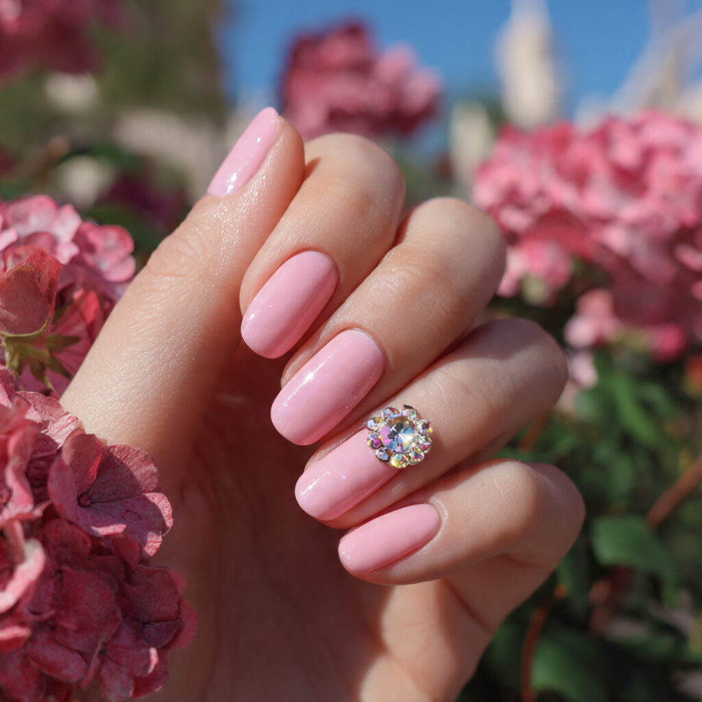 attractive short acrylic nails with rhinestone cha