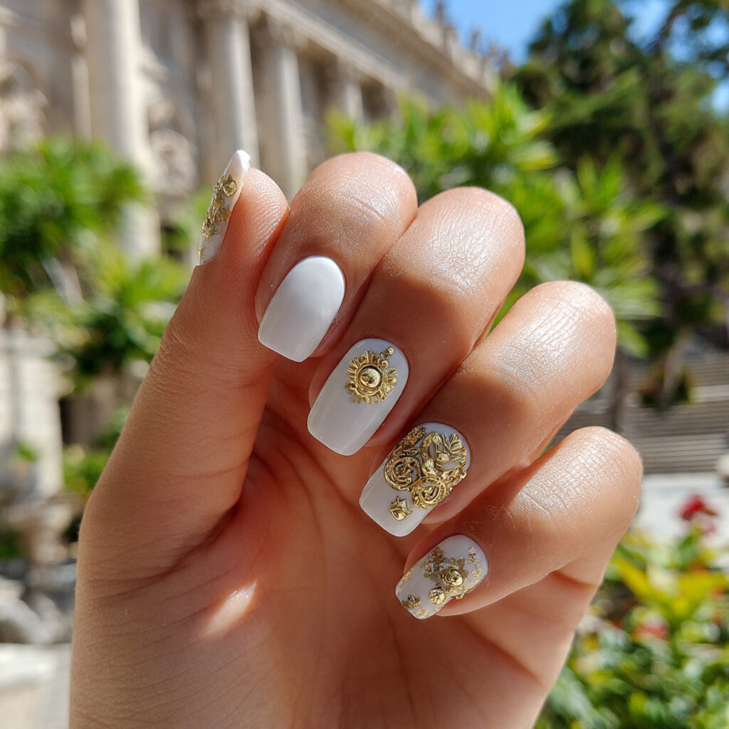 attractive short nails with gold charm with outdoo