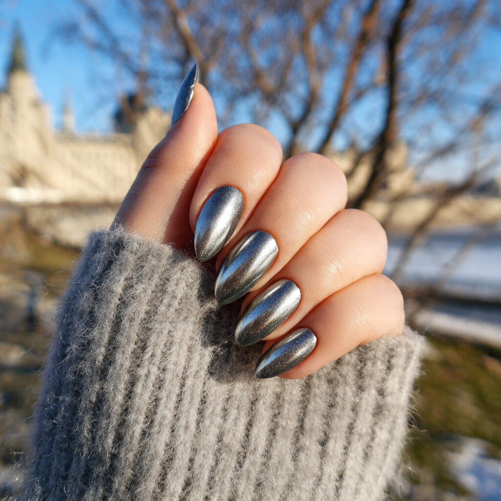 Nail Inspo Cat Eye: Magnetic Glow & Mesmerizing Shine 13 attractive silver cat eye nails with outdoor backg