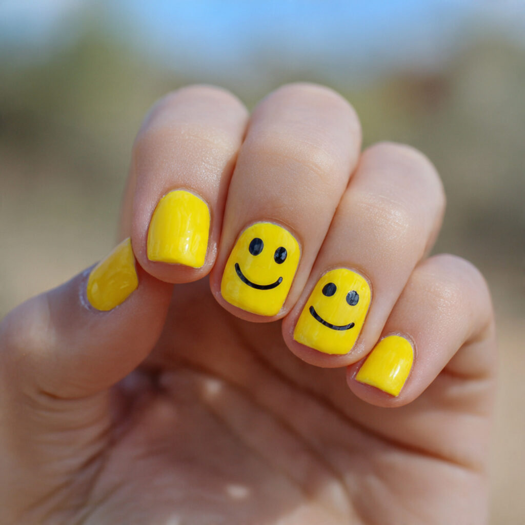 attractive smiley face funky short nails with outd 1