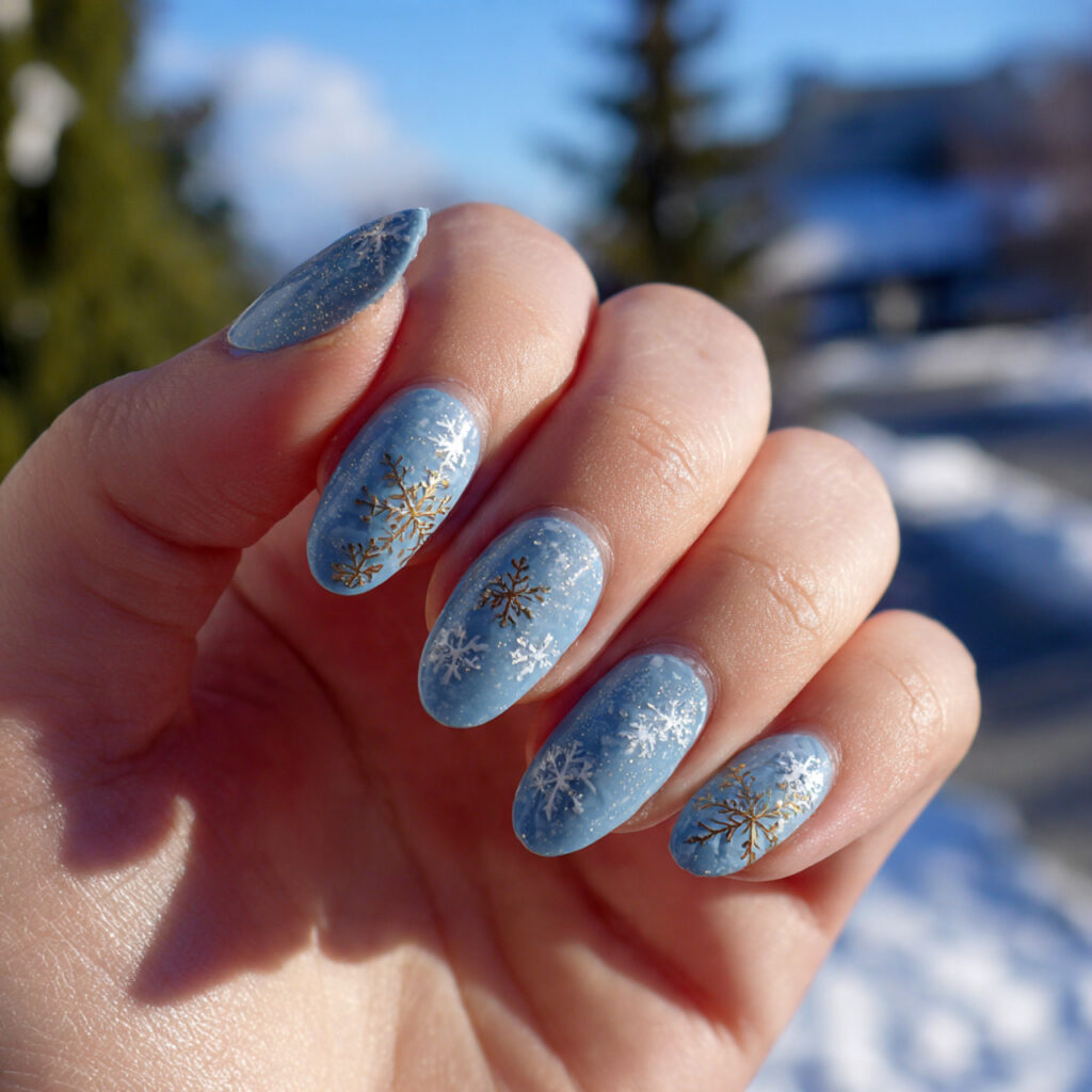 Nail Inspo January: Cozy, Fresh Nail Ideas to Start the Year Beautifully 5 attractive snowflake accent nails with outdoor bac