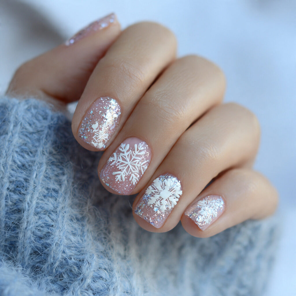 Short Nails Winter: Cozy, Chic & Effortlessly Cute 10 attractive snowflake accent short nails with outdo