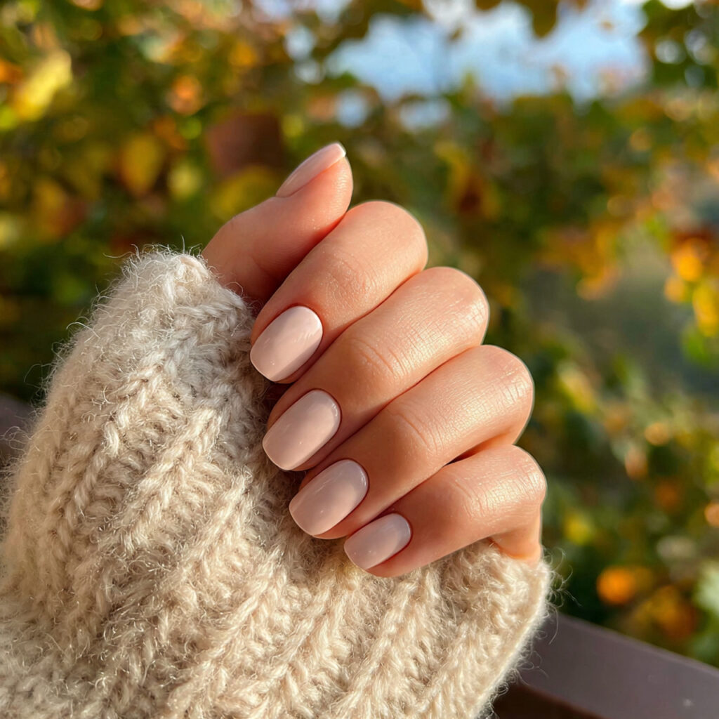 Short Nails Winter: Cozy, Chic & Effortlessly Cute 2 attractive soft beige cozy nails with outdoor back