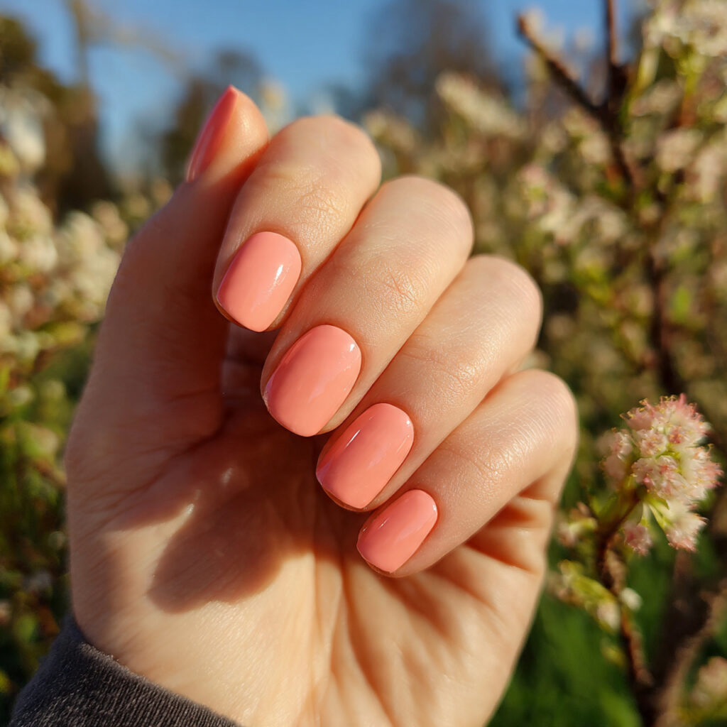 Nail Ideas for Short Nails: Cute, Aesthetic & Effortlessly Pretty Looks 7 attractive soft coral short nails with outdoor bac 1