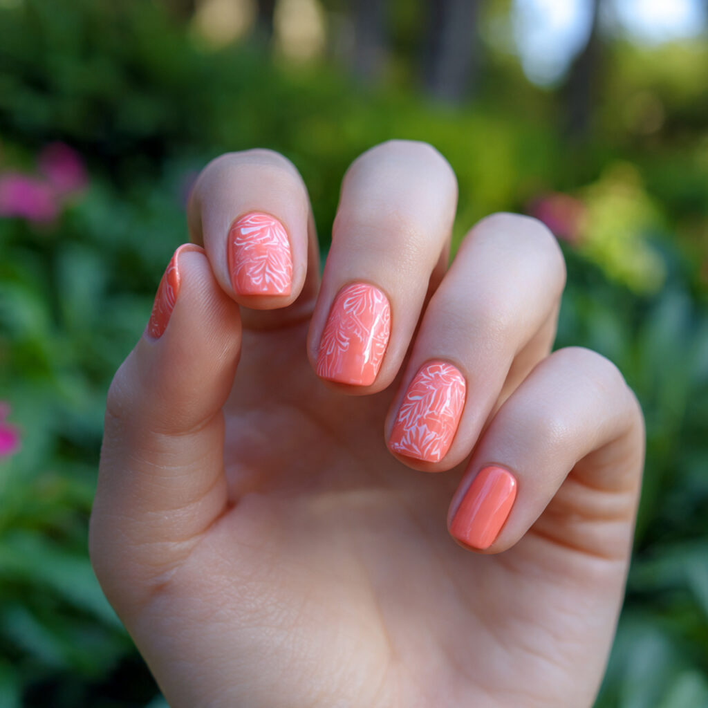 Short Nails Color: Cute, Glossy & Effortlessly Aesthetic Shades 7 attractive soft coral short nails with outdoor bac 3