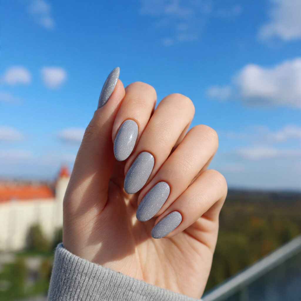attractive soft grey elegant nails with outdoor ba