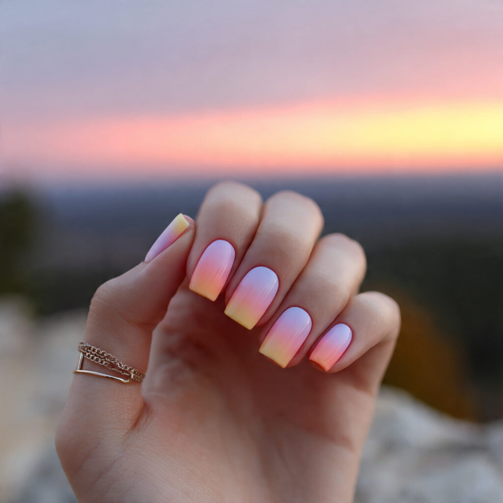 Nail Inspo Aesthetic: 14 Dreamy & Trendy Looks You’ll Want to Save 7 attractive soft ombre nails with outdoor backgroun 1